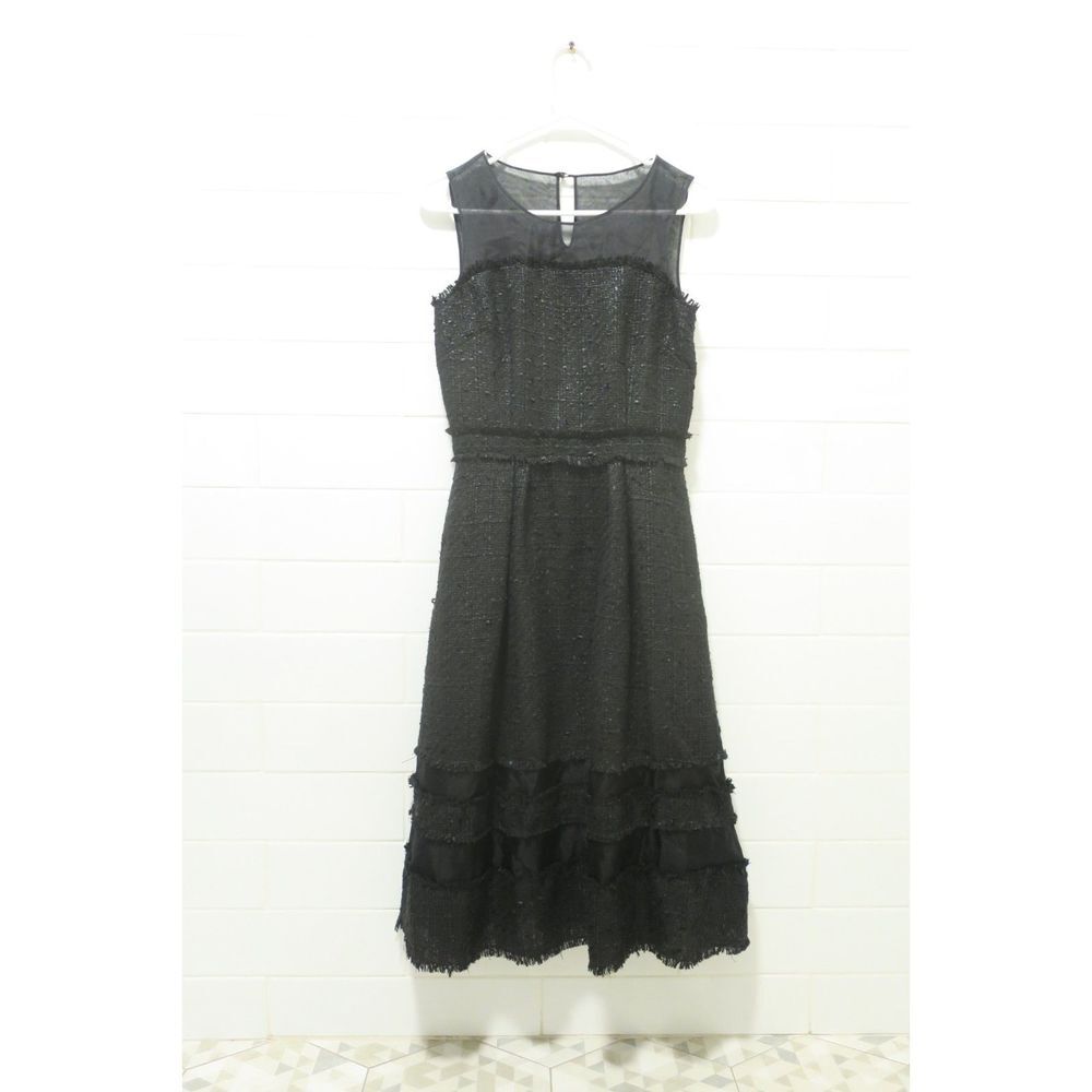 BADGLEY MISCHKA boucle silk black midi dress sheer Small party evening holiday